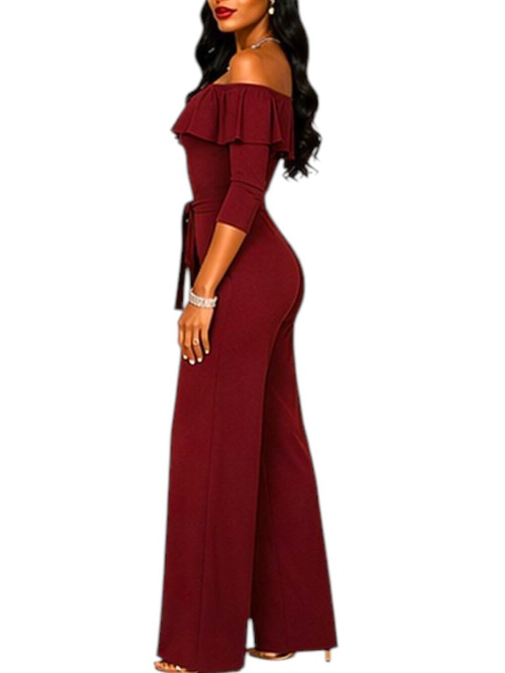 Burgundy Ruffled Overlay Off Shoulder Wide Leg Belted Jumpsuit Size L - Picture 4 of 9